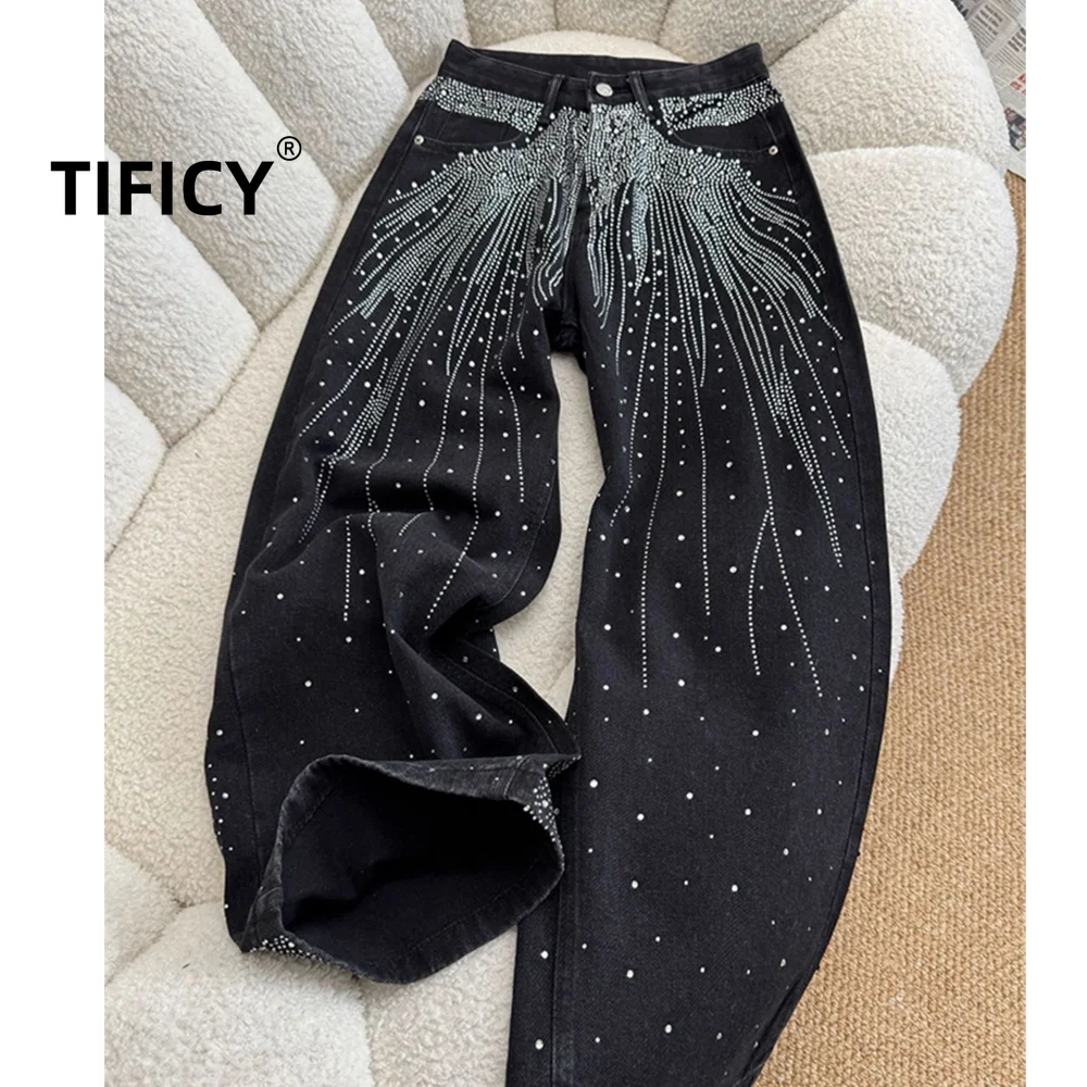 High Street Denim Pants Men's Retro Scattering Starry Hot Diamond Curved Knife Loose Washed Pants Straight Leg Wide Leg Pants