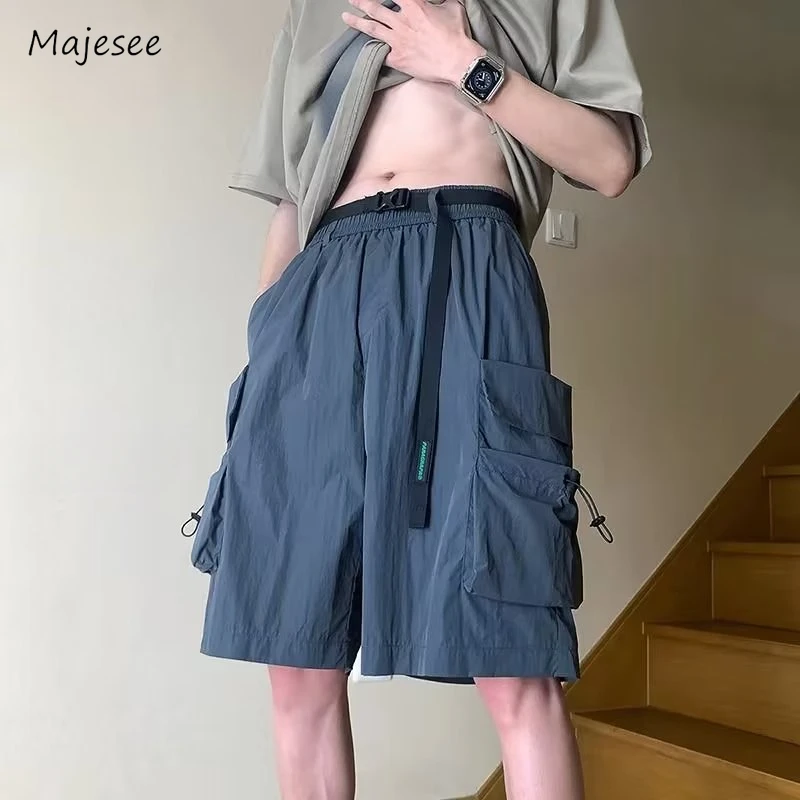 

Men Shorts Summer Solid Drawstring Large Pockets All-match Cozy Breathable Stylish Baggy Leisure Trousers Retro American Style