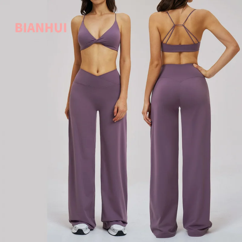 

Комплекты для йоги с перекрестным поясом: женский спортивный костюм для фитнеса, широкие брюки, комплект для занятий спортом на открытом воздухе