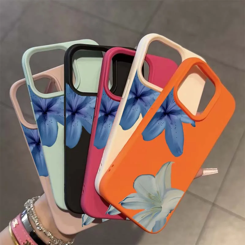 Eleganckie etui na telefon z wzorem niebieskich lilii i liczi do iPhone 17 16 Pro Max 15 14 13 12 11 XS XR 16 Plus 16e, odporne na wstrząsy, miękka tylna obudowa.