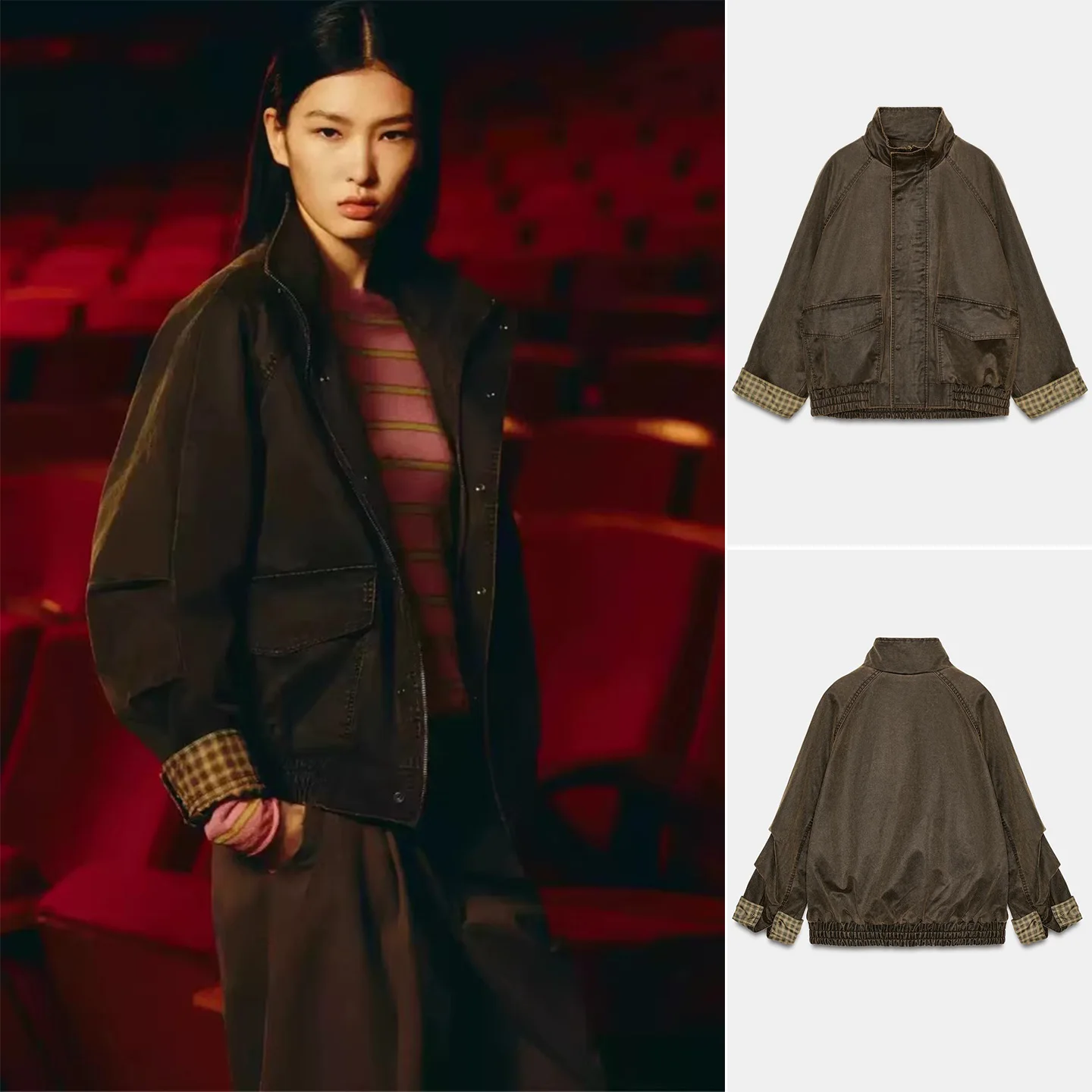 

Spring New Arrival Women's Zipper Stand Collar Long Sve Wax Leather Effect Waed Plaid Coat ort Length Commute Sle