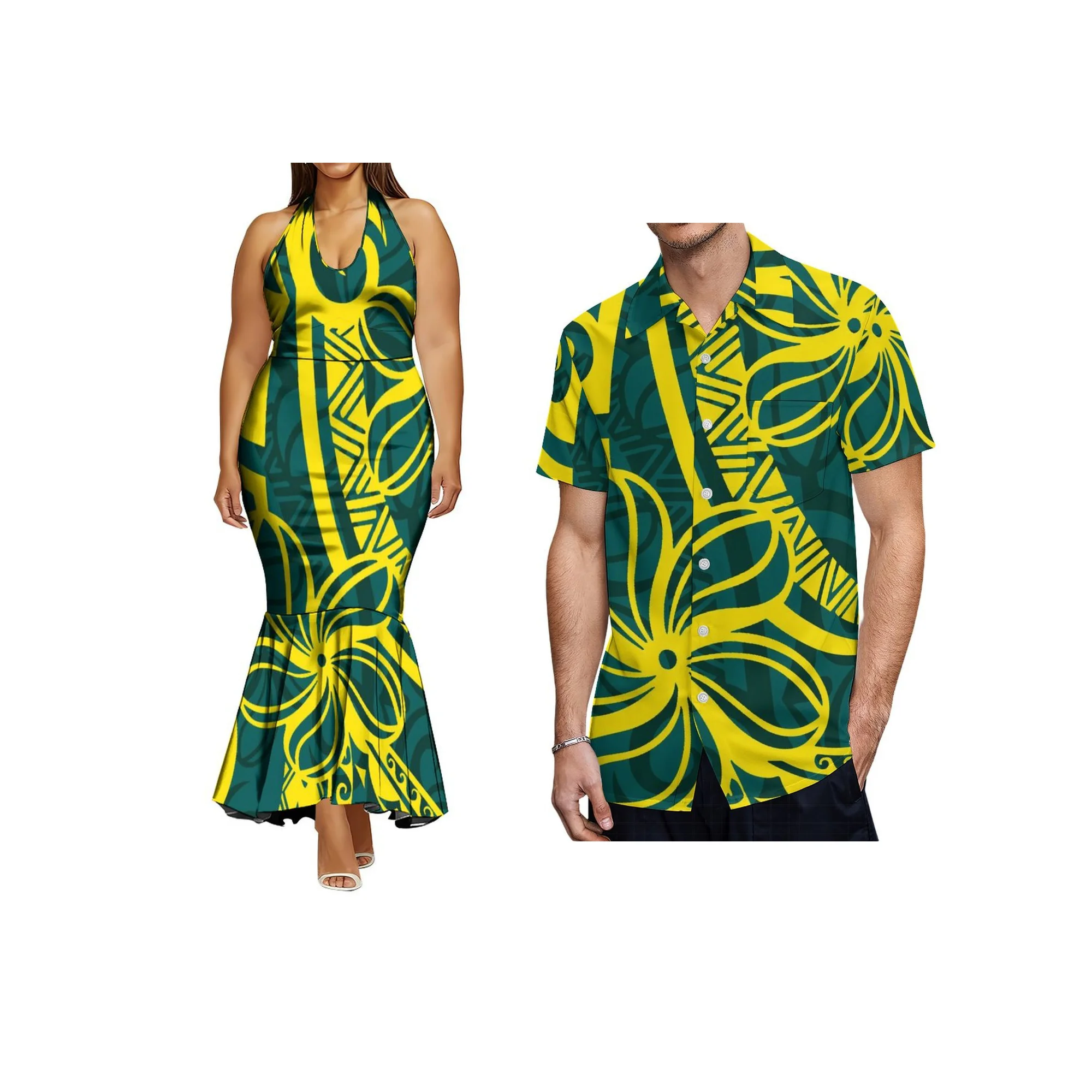 رائجة البيع Bodycon حورية البحر فستان الرسن مباراة حجم كبير ألوها الرجال قمصان صيفية الجانب سستة فساتين مخصص زوجين الملابس 2 قطعة