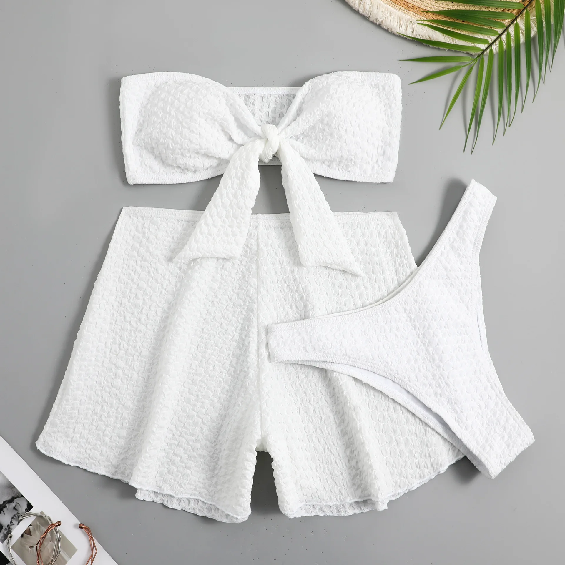 New White High Waist Bikini Sets Women Bandeau Bikini with Shorts Swimsuit Three Pieces Summer Sexy Bow Beachwear Bathing Suit