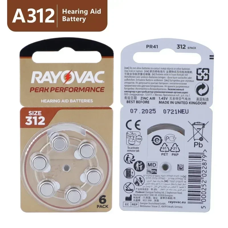 Hearing Aid Batteries 60 PCS Rayovac PEAK 1.45V High Performance 312 312A A312 PR41. Battery For BTE CIC RIC OE Hearing Aids