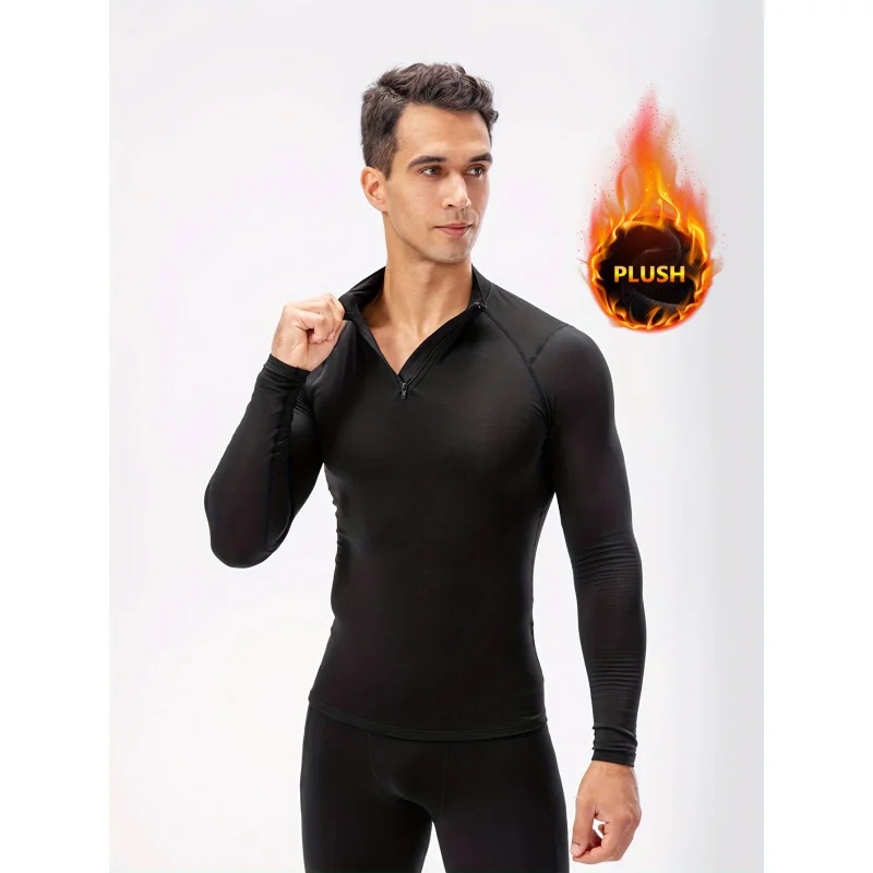 Men's Sports Fleece-lined -shirt Thickening Stand Collar Long-Sleeve Zipper Running Cycling Outdoor Sports Fitness Clothes