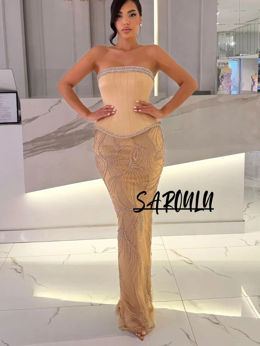 

Elegant Champagne Strapless Corset Mermaid Formal Dress Crystal Beaded Bodycon Floor-Length Evening Gown For Wedding Guest
