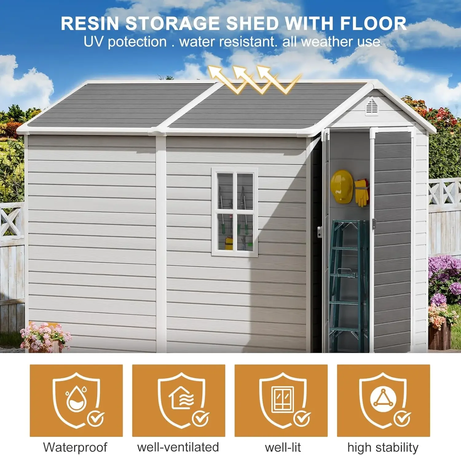 8x6 FT Outdoor Resin Storage Shed, Large Waterproof Sheds Storage with Floor Window Lockable Door, Plastic Sheds for Garden Gray