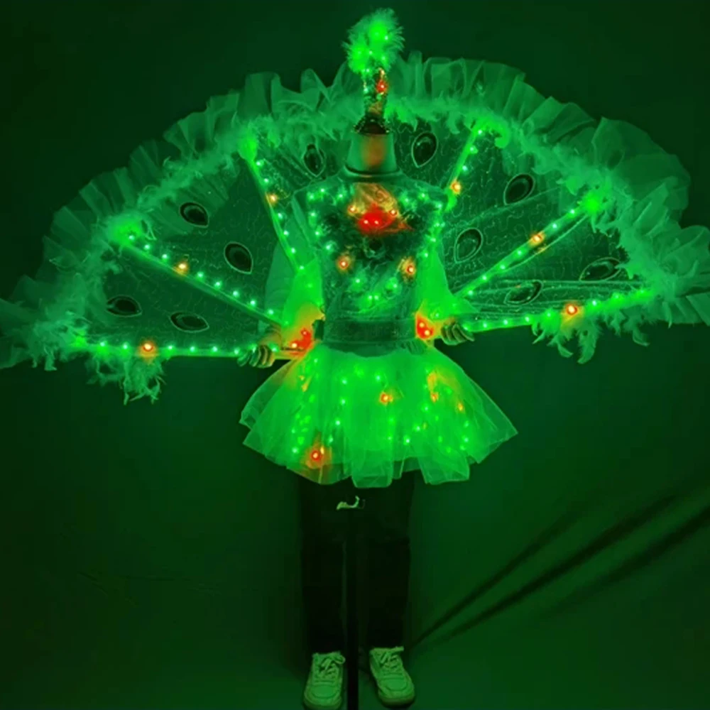 Women Girls Full Color LED Peacock Wings LED Dance Party Stage Performance Ballet Skirt for Nightclub Catwalk Model or Wedding