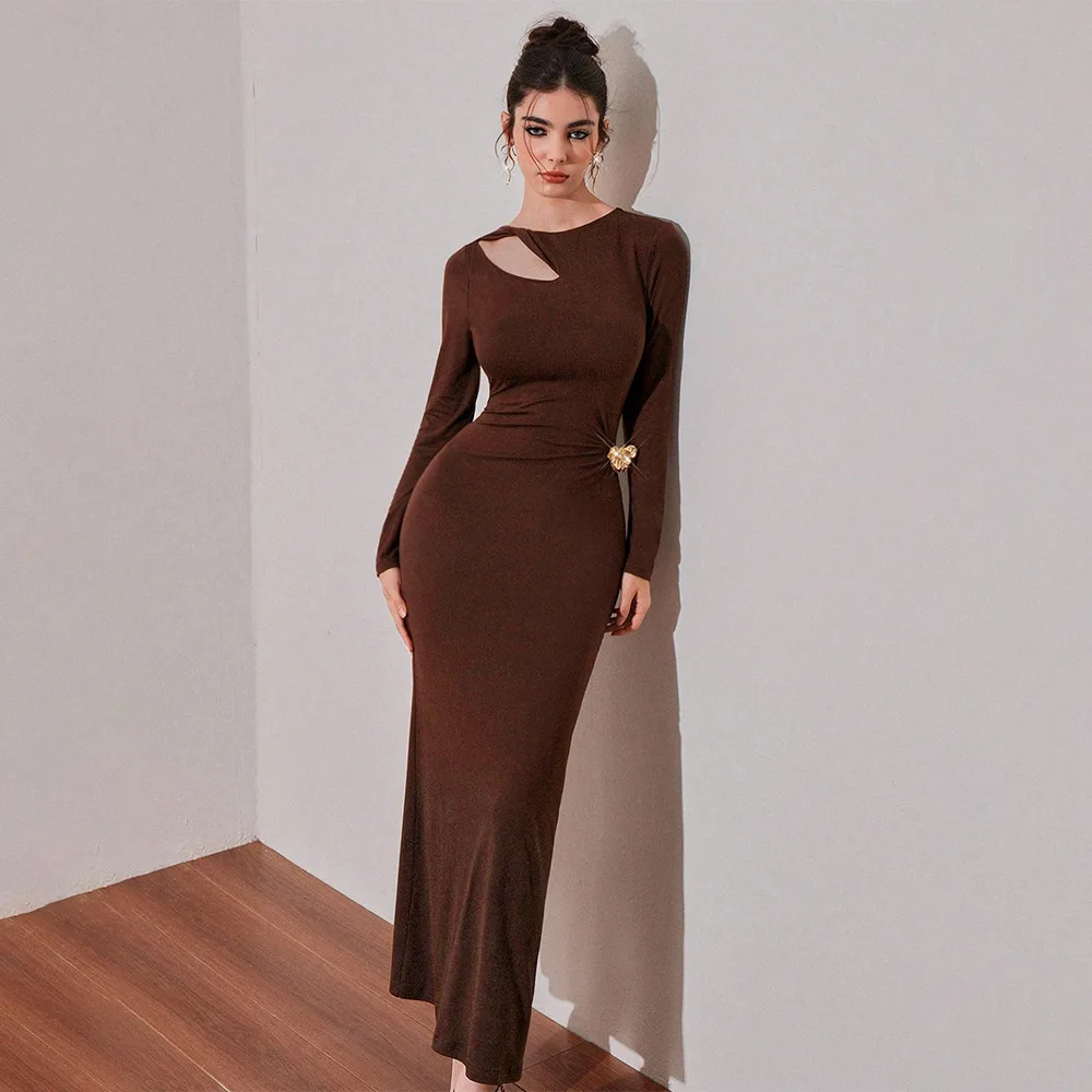 French Vintage Hollow Out Long Sleeve Dress Women Spring Summer Slim Fit Party Gown