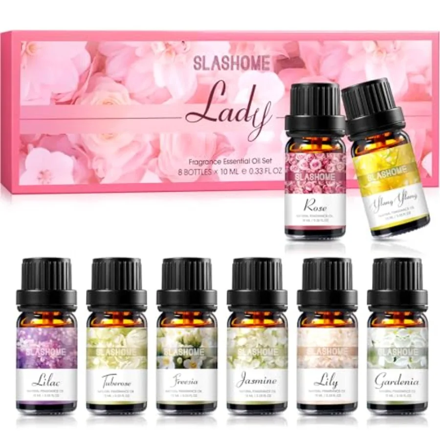 

Набор цветочных эфирных масел - 8 флаконов по 10 мл для домашних диффузоров, изготовления свечей и ароматизации мыла, подарочная коробка для спа-процедур с ароматами розы и жасмина