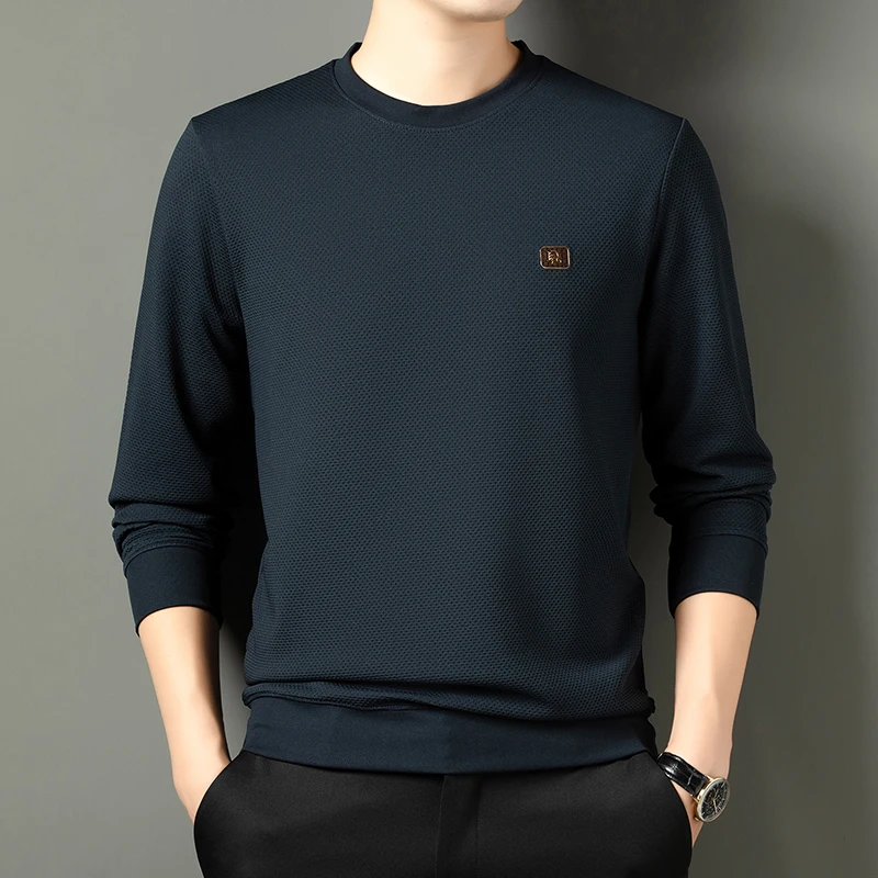 

Spring and Autumn Men's Hoodie Long Sleeve T-shirt Business Casual Round Neck Pullover Elastic Anti Wrinkle Top Bottom Shirt