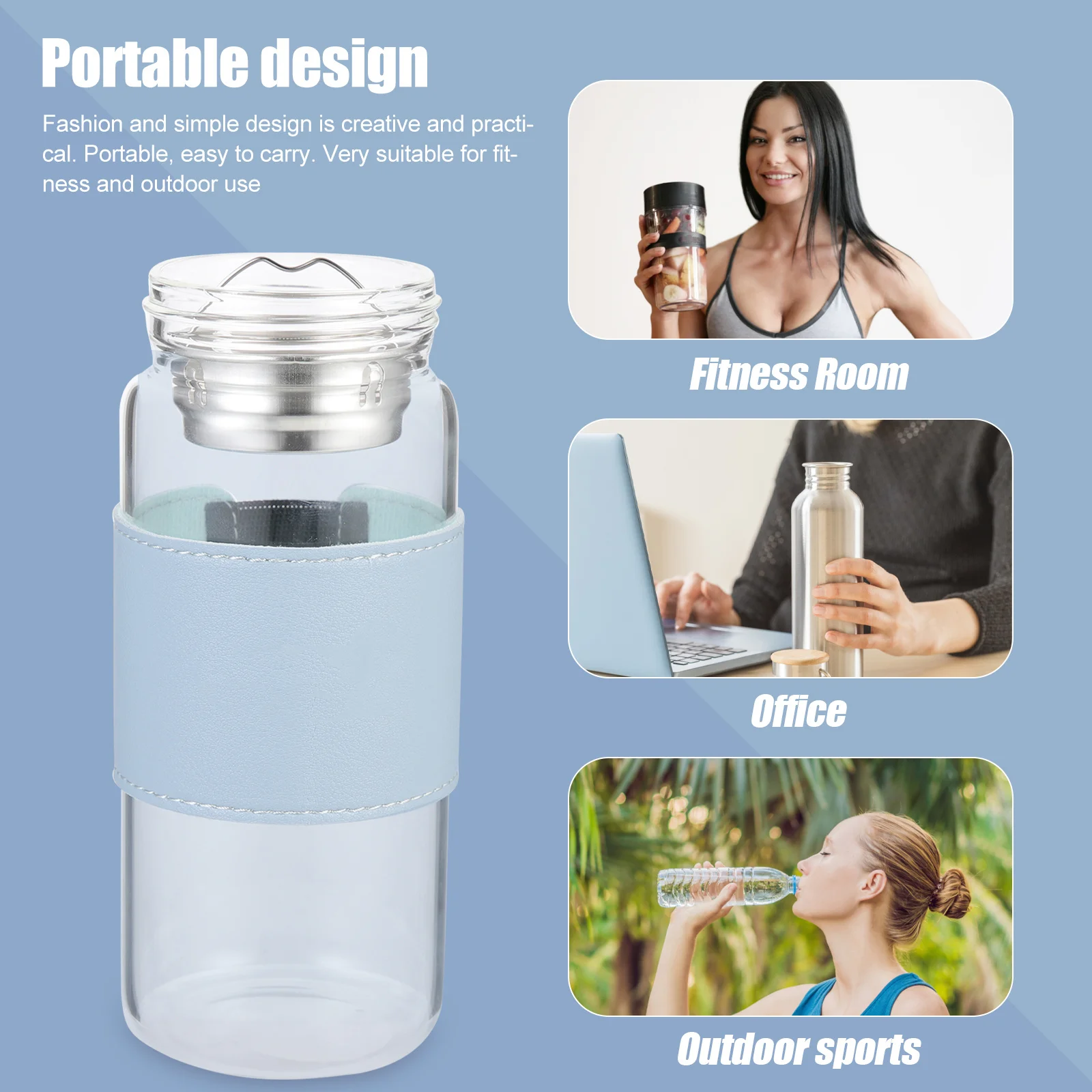 

Water Bottles Portable Loose Leaf Tea Cup Blue with Filter Infuser Glass Travel