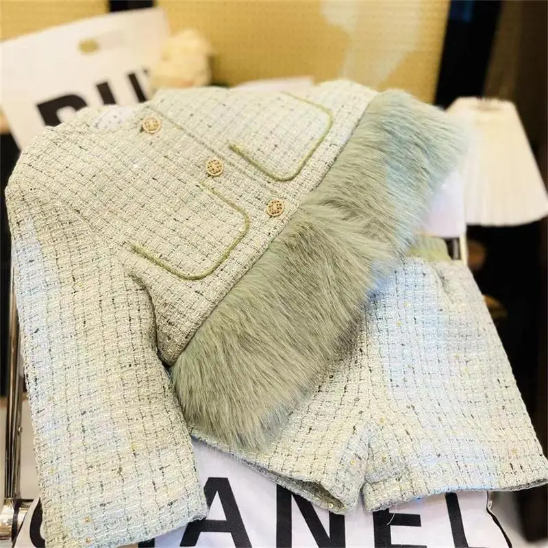 Fashion Girls Cotton-padded Coat Faux Fur Splicing Jacket and Shorts Set Autumn Winter Kids 2-Piece Clothing