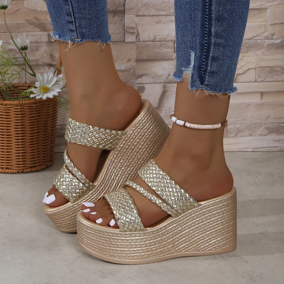 Sandalias de Plataforma con Tacón de Cuña de 9cm para Mujer, Estilo Verano, Tejidas, Tipo Zueco, Doradas, Tallas 36-43