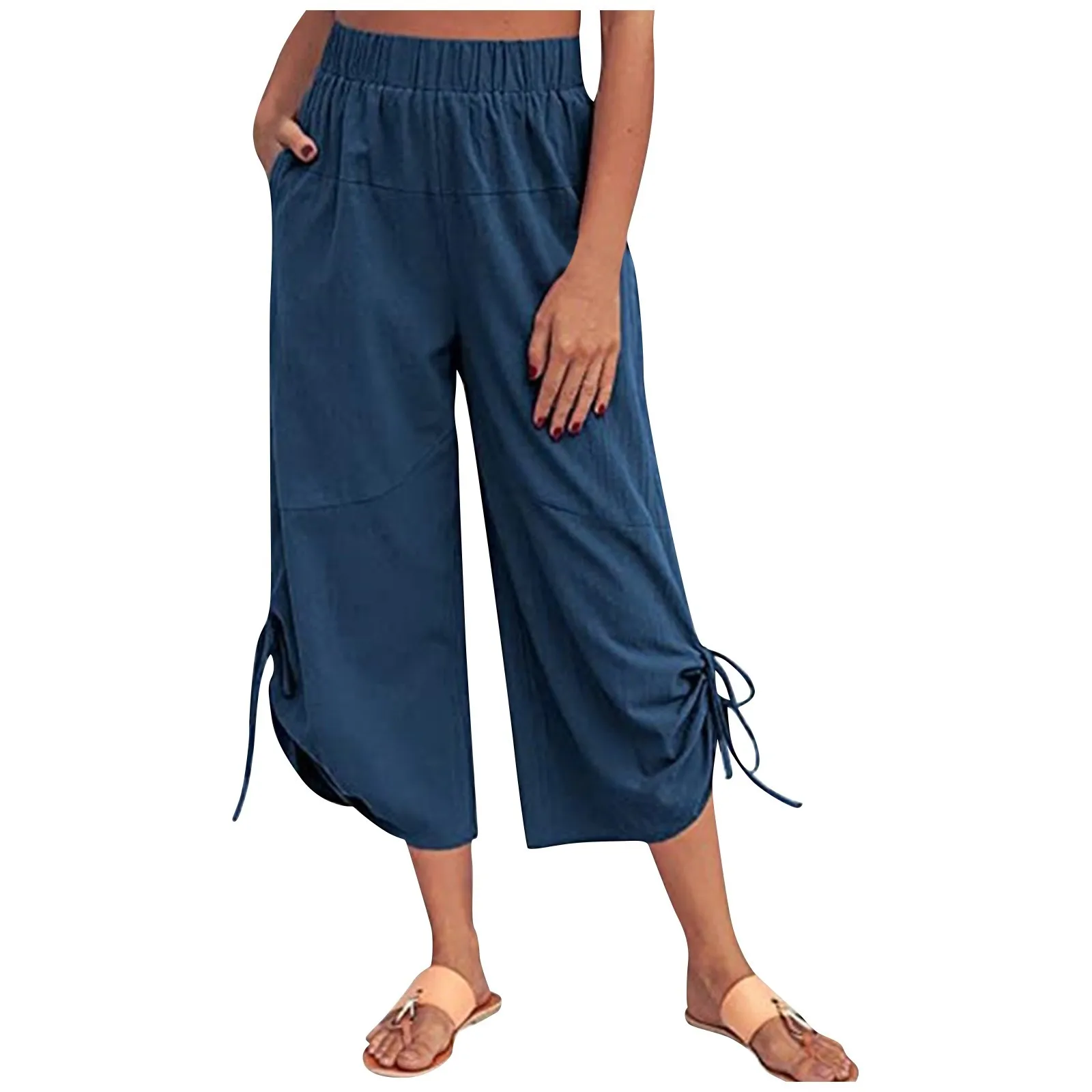 Calça recortada de cintura alta feminina, perna larga, calça com cordão, elástico, reto, sete pontos, bolsos