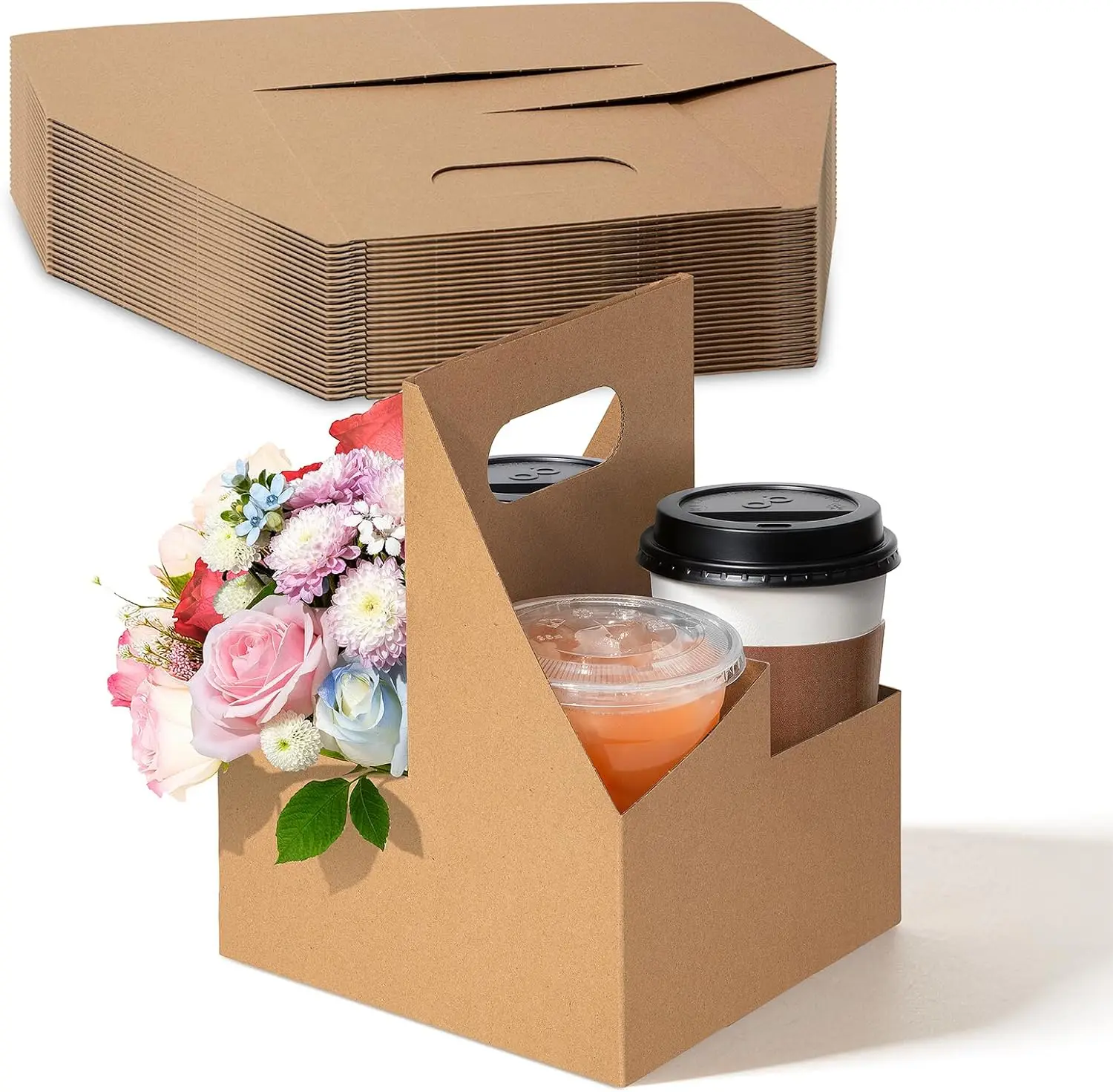 

25 Pack Kraft Drink Carrier with Handle for 8-32 oz Cups, Eco-Friendly To-Go Cup Holder for Hot & Cold Beverages