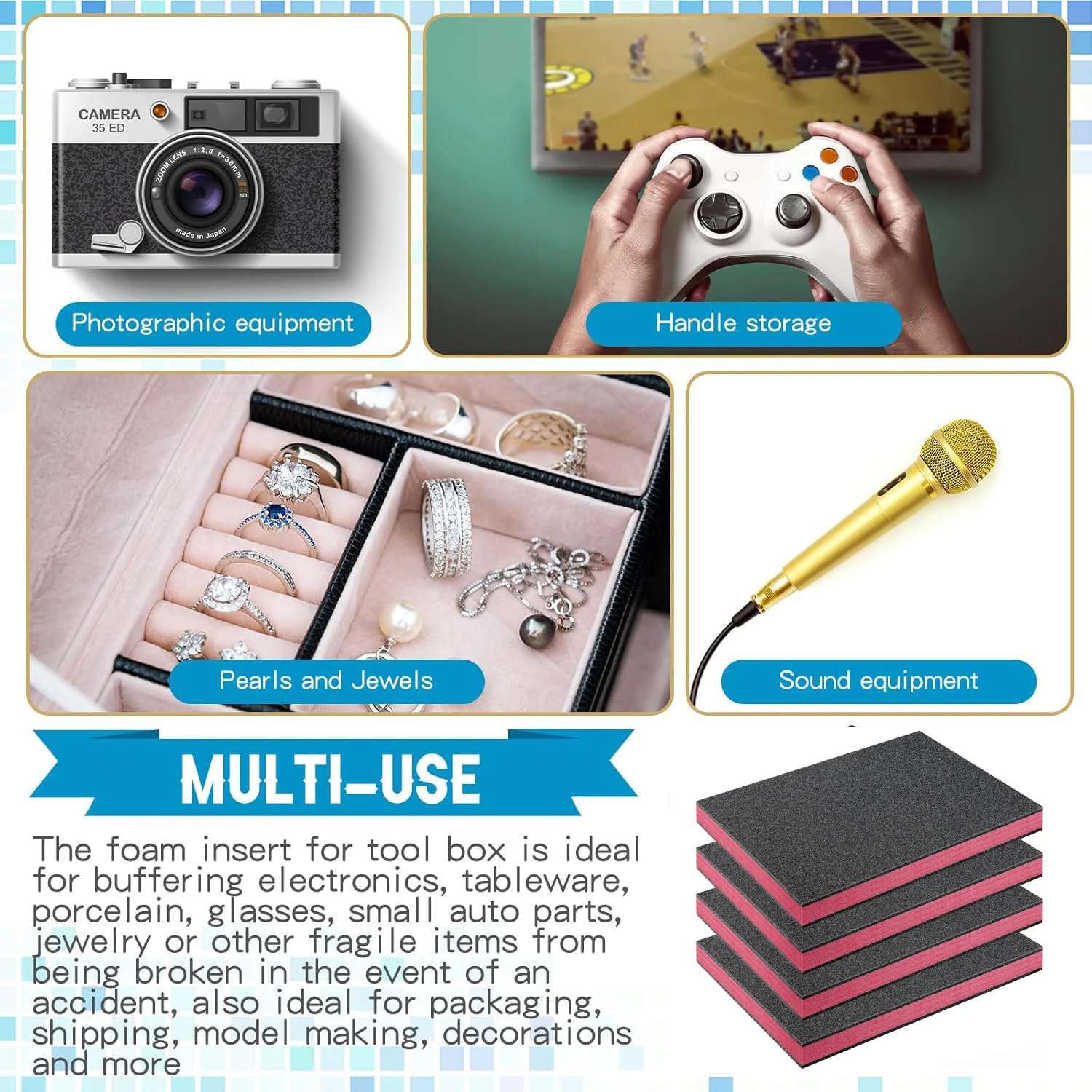 4 قطعة منصات رغوة البولي يوريثين القابلة للقطع باللونين الأسود والوردي إدراج رغوة الحرفية لحقائب التعبئة والتغليف صندوق أدوات الكاميرا