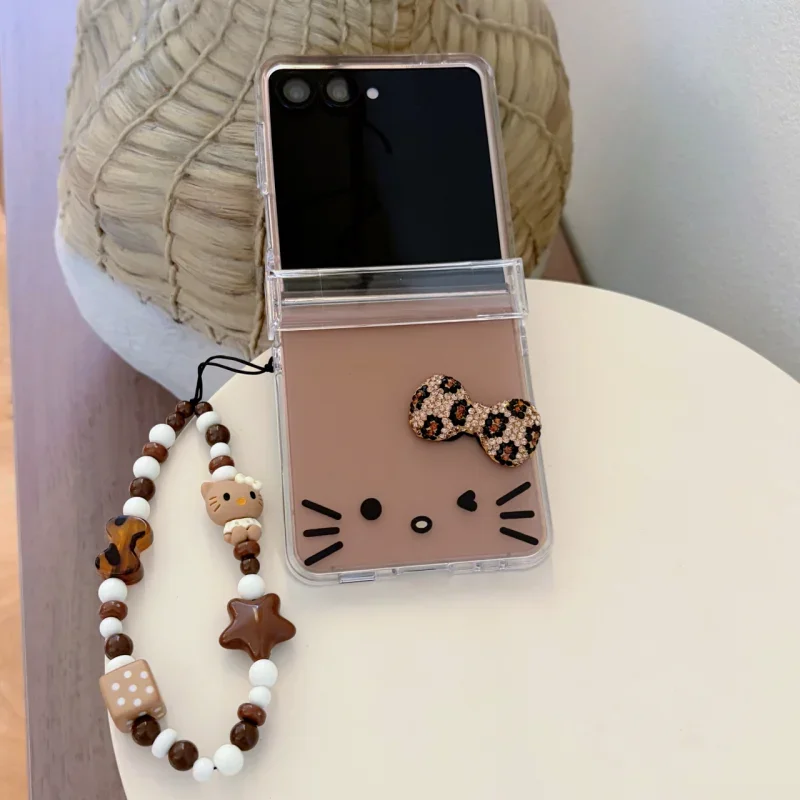 Fashion Cartoon Leopard Print Diamond Bow Hello Kitty Phone Case For Samsung Galaxy Z Flip 8 7 6 5 4 3 With Lanyard