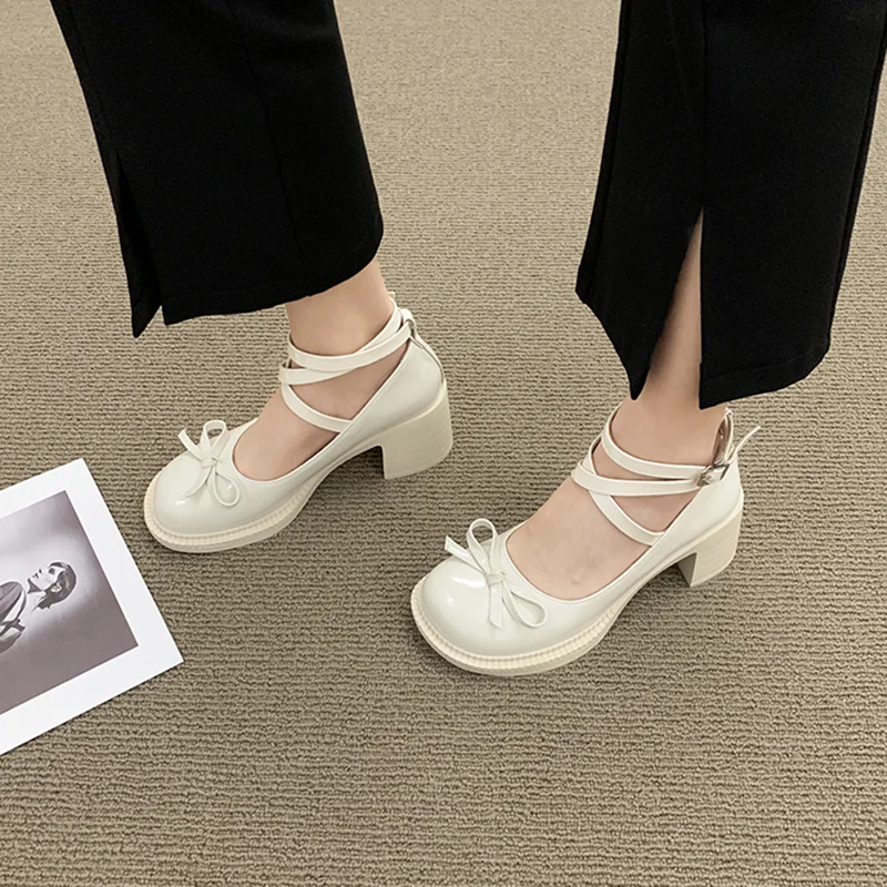 New Women Pumps Mary Jane Lolita Bow-knot Ladies Chunky Heel Sandals Female Cross-tied Ankle Buckle Round Toe Solid Sweet Shoes