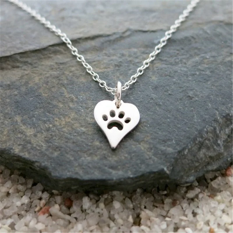 

European And American Stainless Steel Dog Paw Print Heart Pendant Necklace