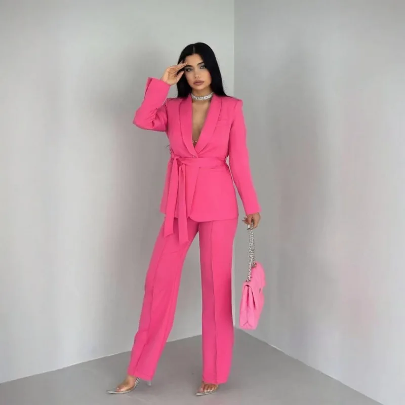 

Женская одежда, осенняя новая трансграничная модная куртка на шнуровке, свободные брюки, профессиональный комплект в европейском и американском стиле