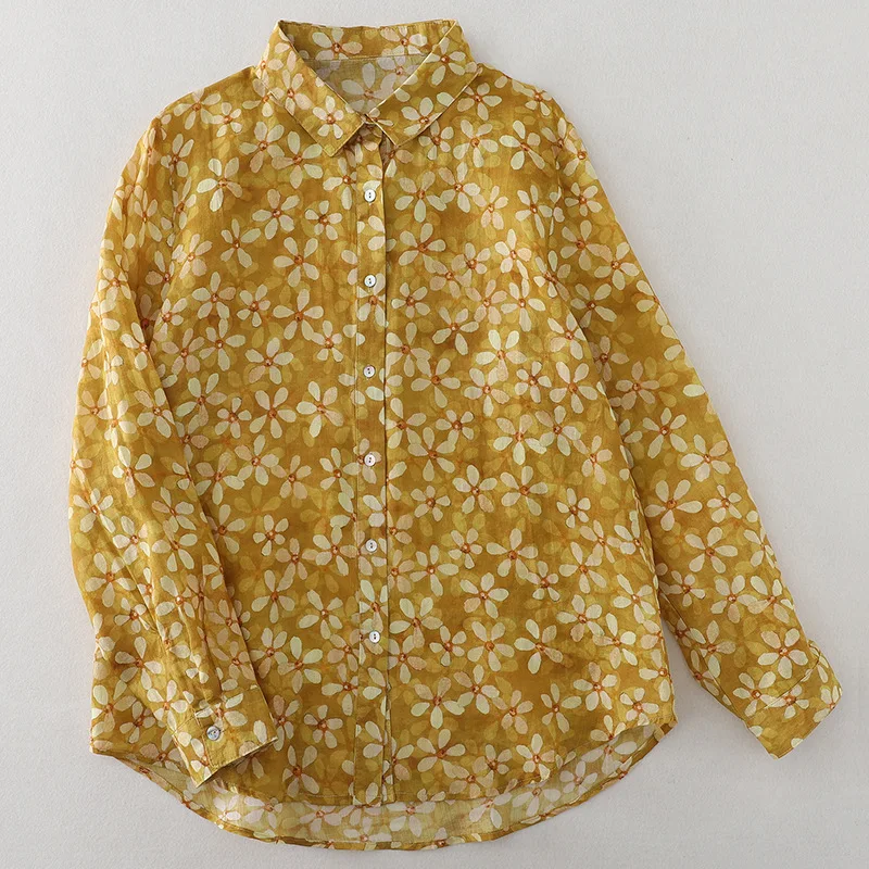 

Women Cotton Linen Floral French Artistic Yellow Shirt Autumn Casual Button Fall Blouse Tops Blusas Mujer Camisa Feminina