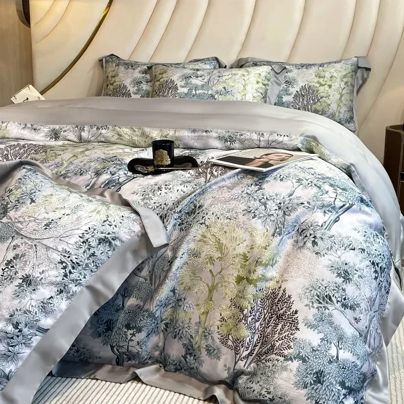 עצי יער מודפסים סט כיסוי פוך מודפסת 4 יח 'קישוטי אולטרה אקליפטוס סט סט 1 גיליון 2 כרית משמס מלך מלכה