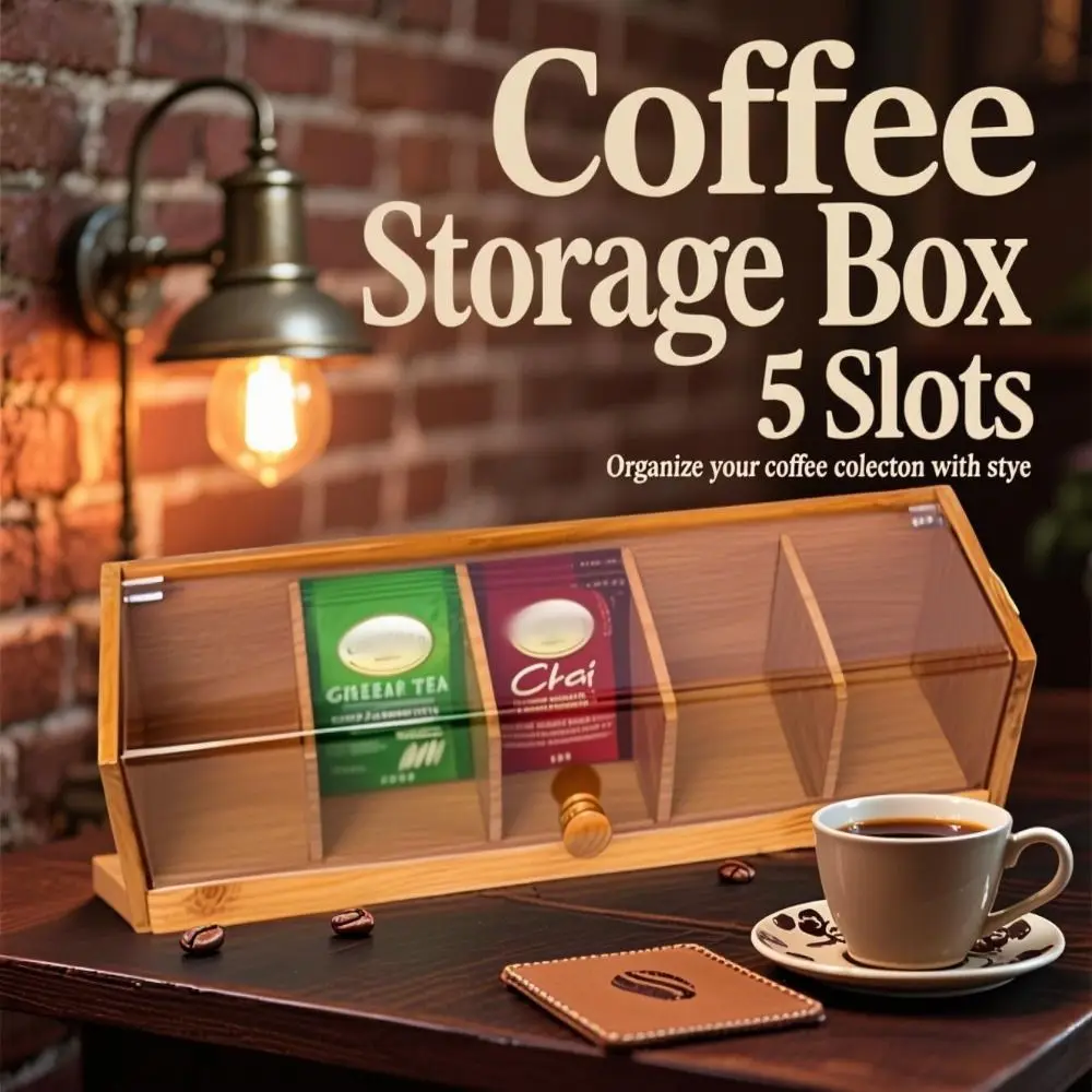 

5 Slots Tea Bag Storage Organizer Bamboo Space Saving Coffee Capsule Storage Box Durable Large Capacity