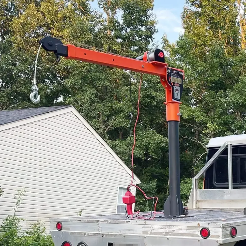 Folding Truck-Mounted Bed Crane Hoist Electric Winch 2000 lb 12V Painted Steel Jib Crane 360 Rotation Galvanized Yellow 1100lb