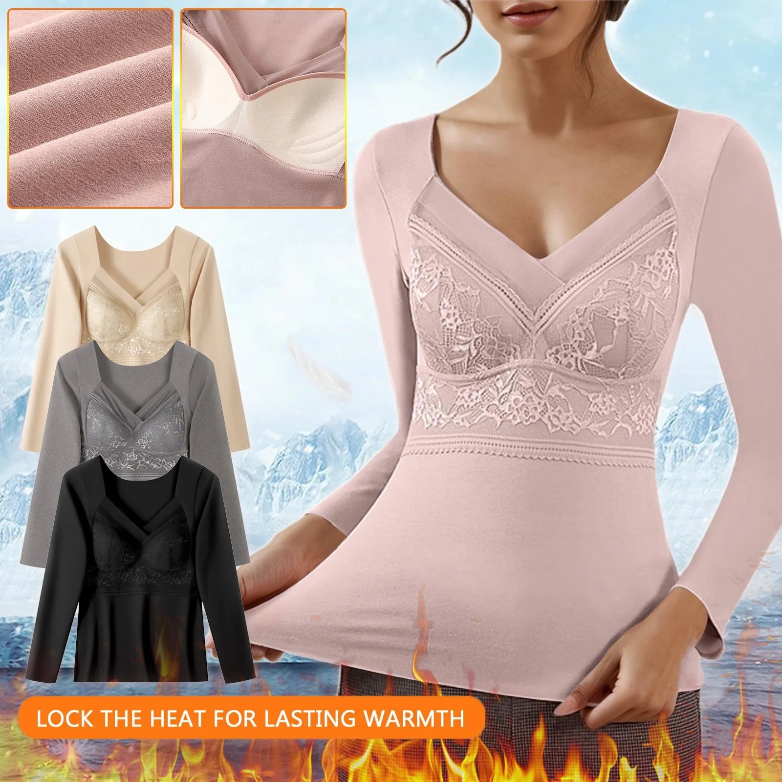 Thermal Underwear for Women Winter Keep Warm V Neck Lace Undershirts Long Sleeves Lingerie Cold Weather Pajama Tops Undershirts