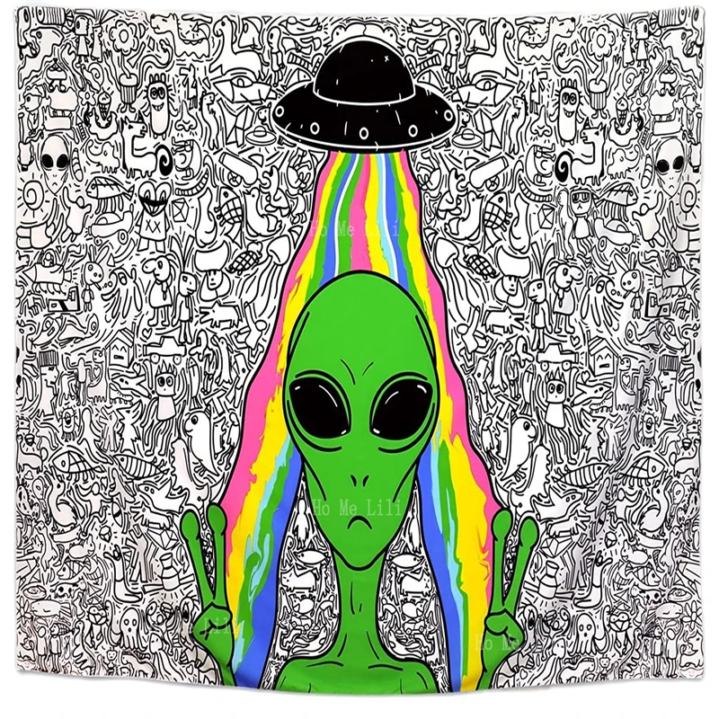 Fantasy Alien Monster Et Raum Wizard Kühlen Tapisserie Schwarz Und Weiß Doodle Magische Psychedelic Ufo Wand Hängen Wohnkultur