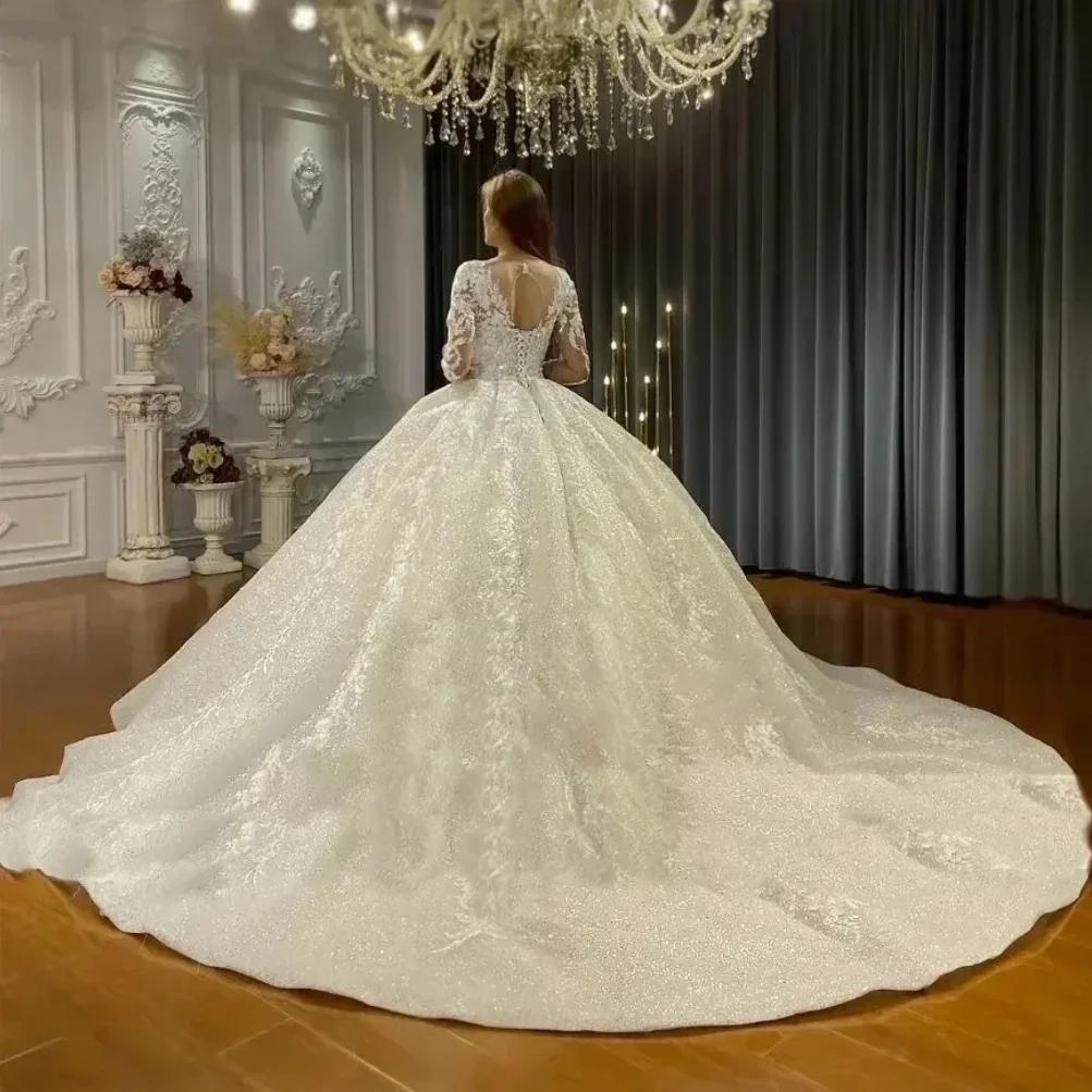 Customized Luxury Beaded Muslim Wedding Dress Long Sleeve Round Neck A-line Wedding Dress Lace Shining Bridal Dress