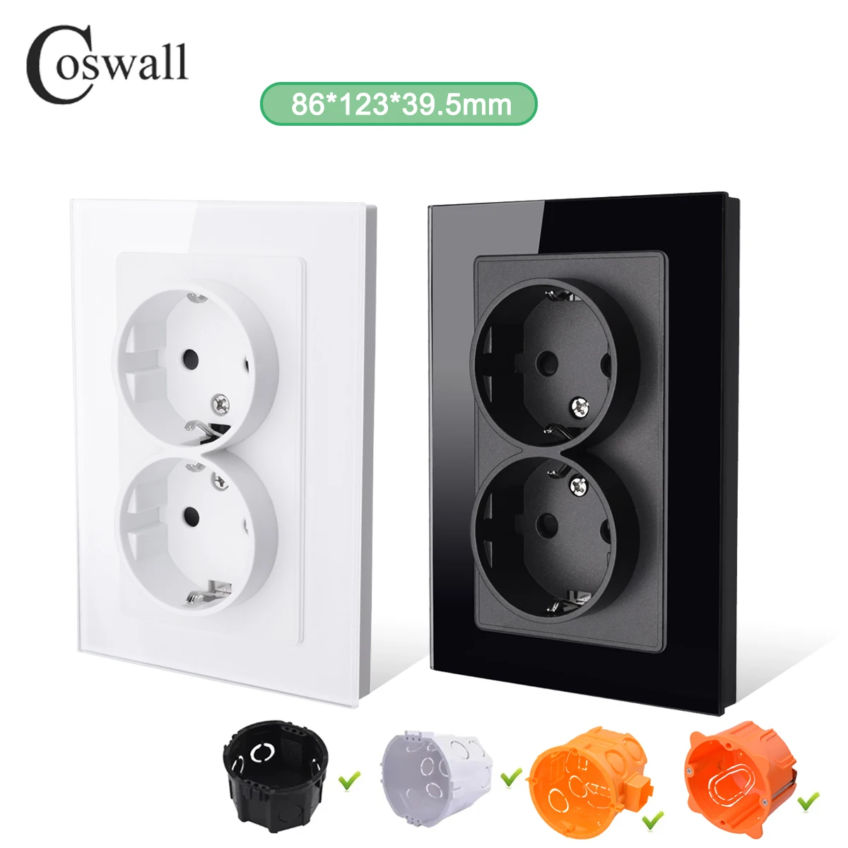 Coswall Glass Panel Wall Double Socket Upright EU Germany AC Power Points Plug Outlets 110-250V Netherlands Europe Home Office