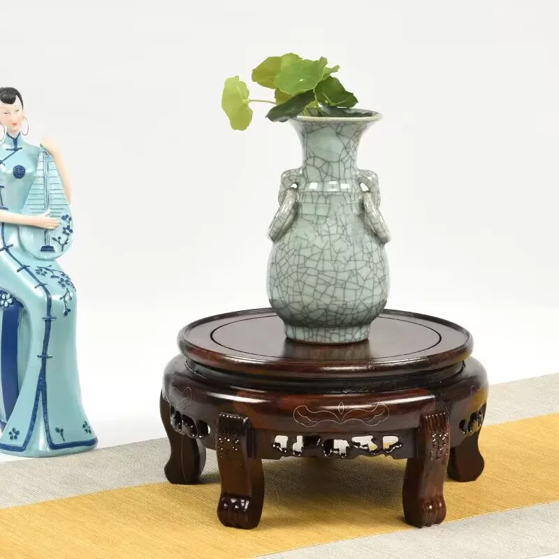 Solid Wood Round Plant Stand Carved Pedestal, Vintage Flower Pot Vase Stone Ornament Display Rack Ornament Holder