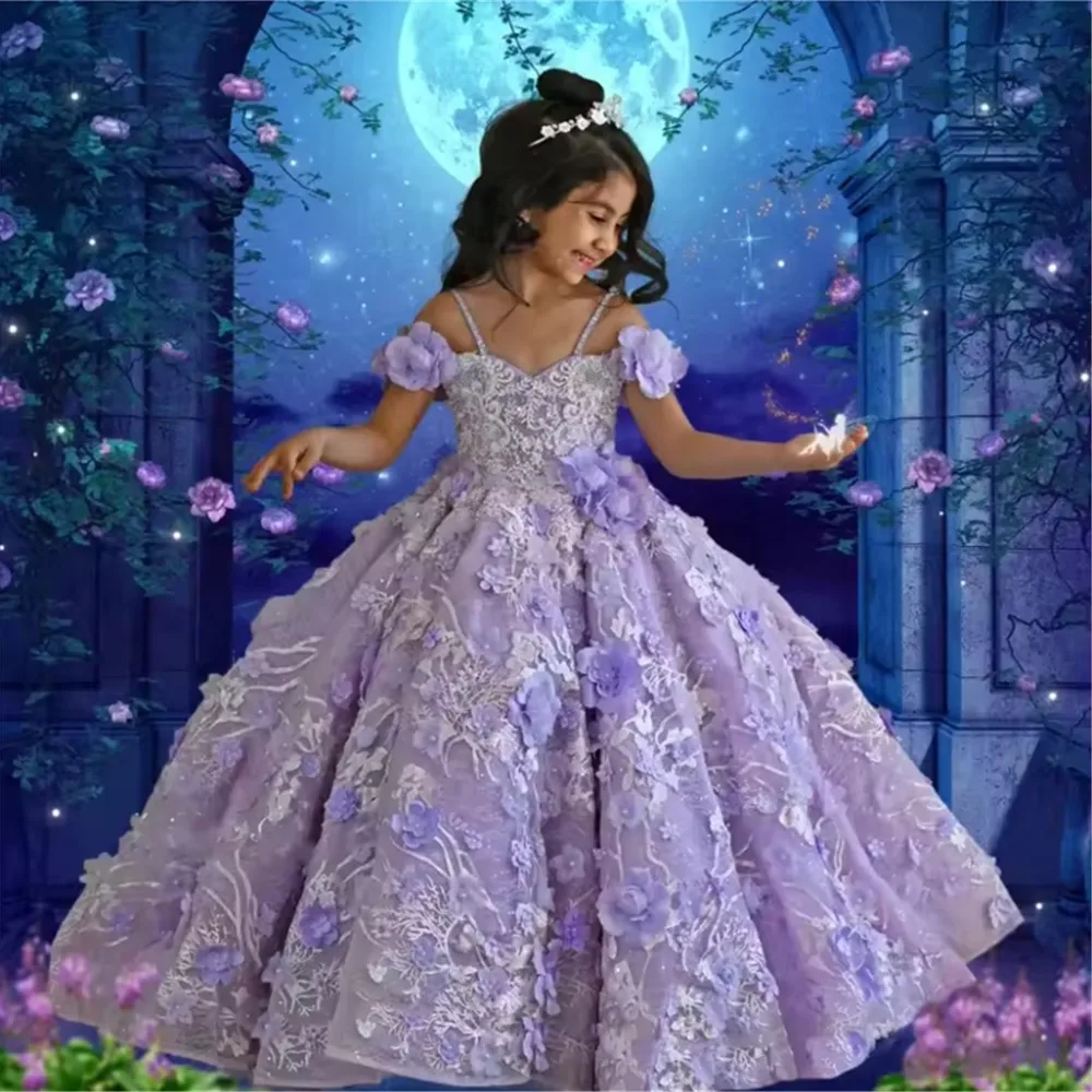 

Luxury Flower Girl Dress for Wedding Floral Appliques Bead Spaghetti Straps Dress Kids Birthday Party First Holy Communion Gown
