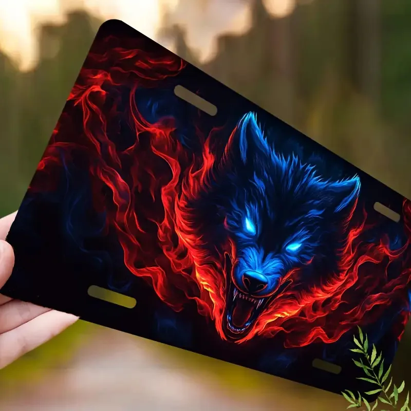 2D Flat - A 2D Flat Heavy-Duty Sign And Cover Set Featuring Glowing Eyes - 12X6 Inches with a Blue Wolf And Flame Design in Blac