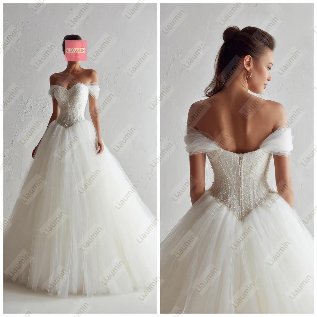 جديد كلاسيكي أبيض أو عاجي تول مع الديكور الدانتيل متابعة الظهر فساتين الزفاف الزفاف طول الأرض يدوية مخصصة W19-44 #3