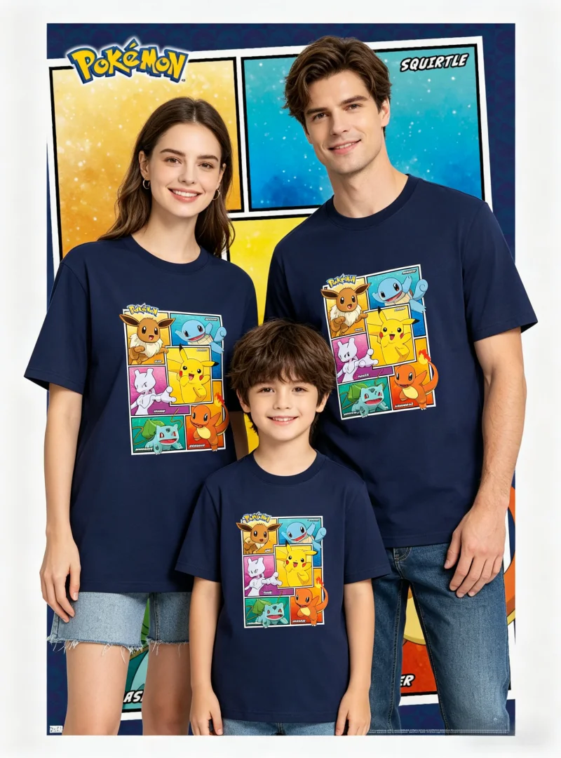 

Летние семейные футболки с принтом Покемонов Иви и Пикачу 2026, хлопковые повседневные дышащие топы, парные футболки для родителей и детей для путешествий в стиле Y2K