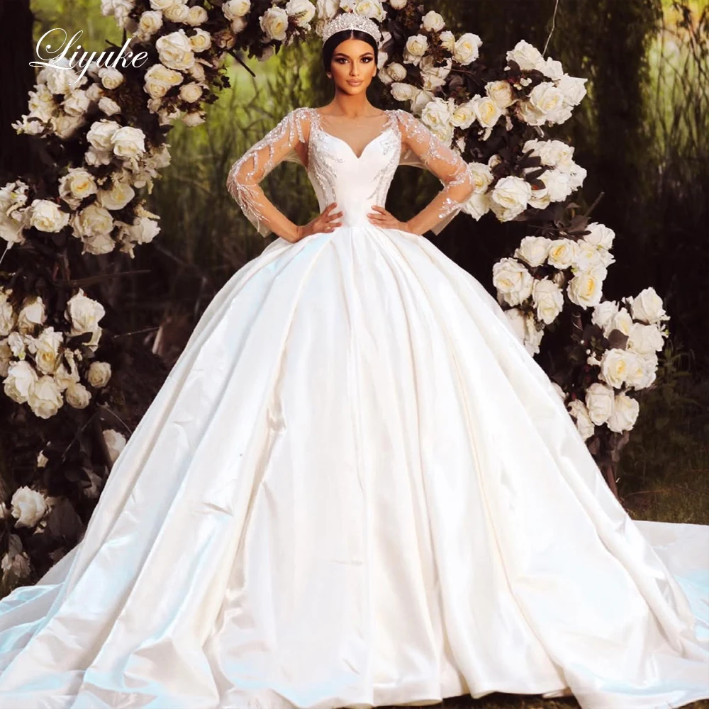 

Liyuke Custom Made Satin Full Sleeve Ball Gown Wedding Dress Corset Back Bridal Gowns