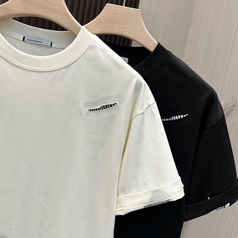 Patch Striped Print Short Sleeve Men O Neck T Shirts Cotton Couple Fashion Casual All-match Summer Clothing Black White Apricot