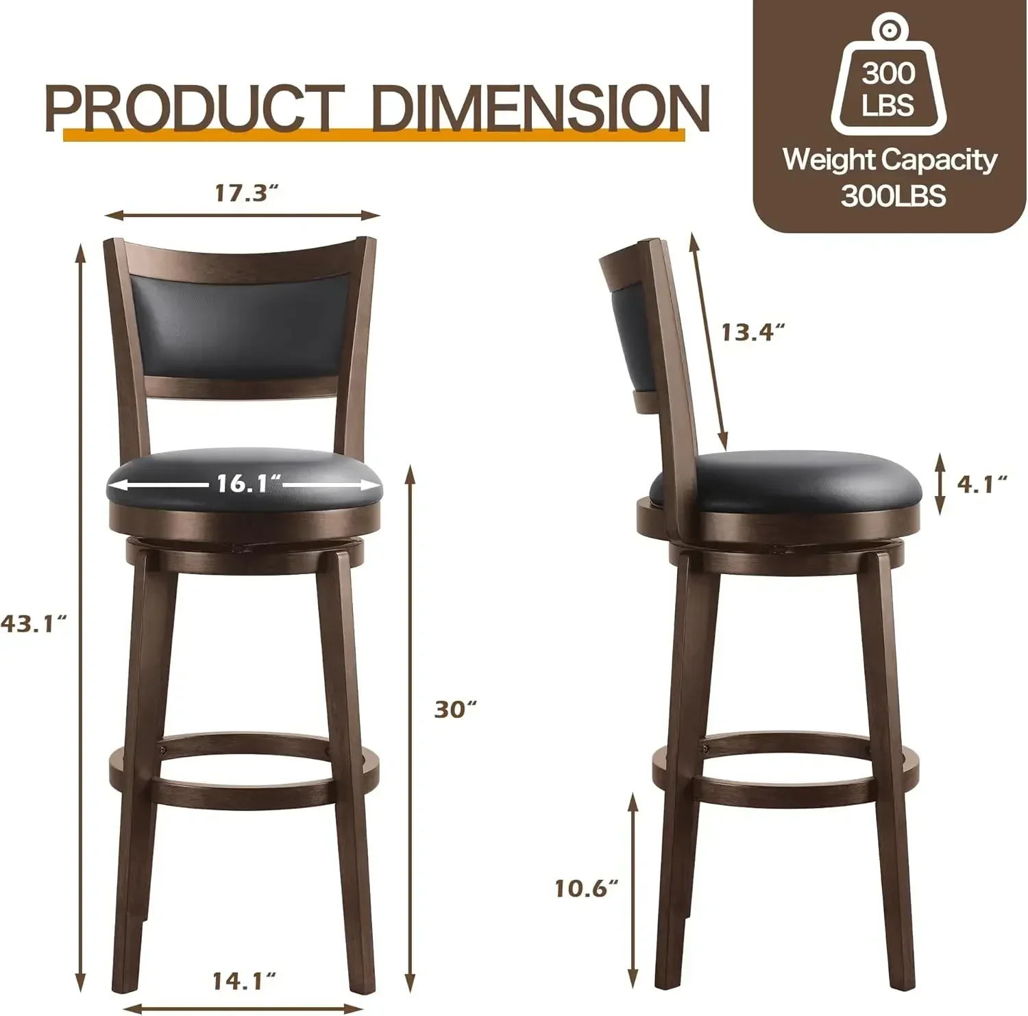 30" Bar Height Stools Set of 4 - High Back Swivel Barstools  Solid Wood Footrest, Counter Bar Stool for Kitchen Island & Pub