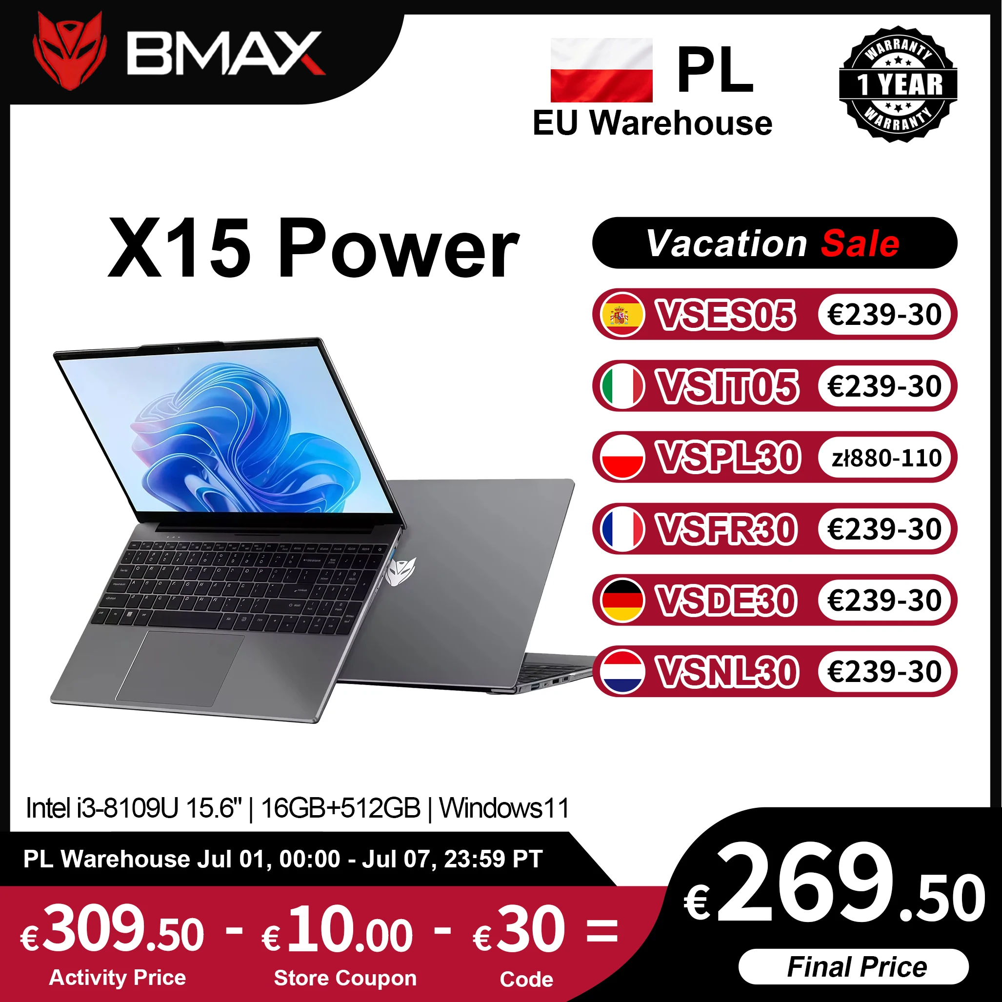 Portátil BMAX X15 Power de 15.6 Pulgadas, 16GB RAM, 512GB SSD, Intel I3-8109U, Windows 11, 1920*1080, HDMI, Wifi, USB, PC