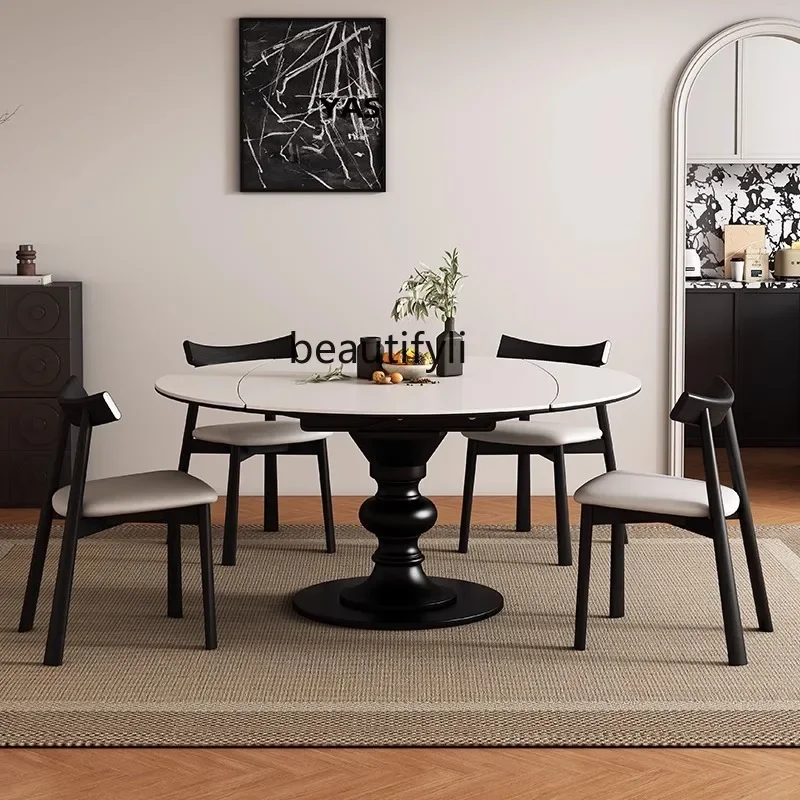 

Medieval retractable round dining table retro high-end small apartment French style, stretched solid wood rock slab dining table