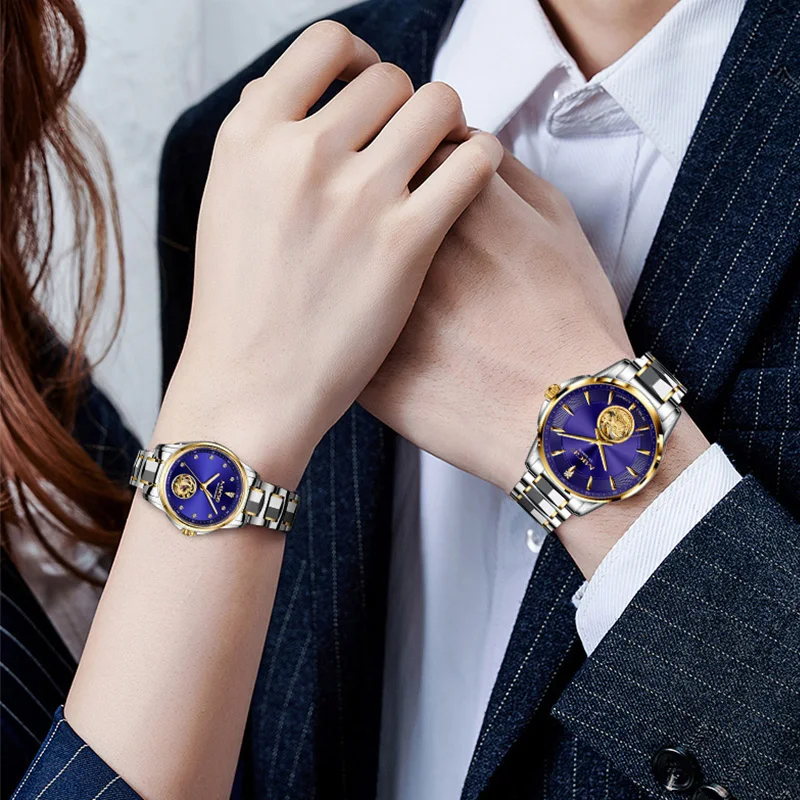 MIGE Original Miyota reloj mecánico automático para parejas esqueleto diamante zafiro 24K oro reloj de pulsera de acero inoxidable