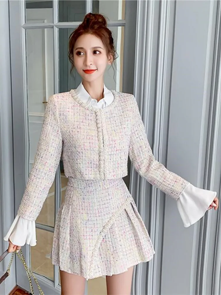 New Blue Tweed Two Piece set Women Short Beaded Jacket + Pleated A-line Skirt Set Casual Chiffon Shirt Plaid Woolen 3 Piece Sets