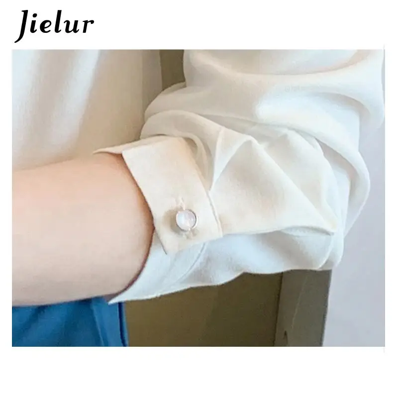 Jielur Spring Women White Chiffon Shirt Women Tops Long Sleeve V-Neck Blouse Women Blusas Mujer De Moda 2022 Shirts Blouses