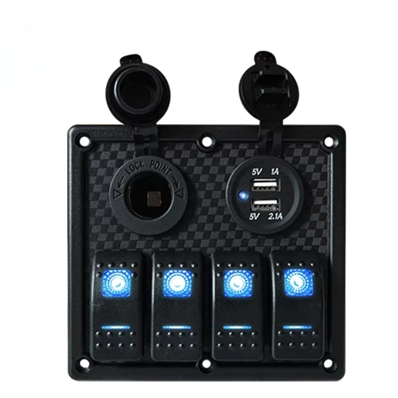 Genuine Marine 12/24V 4 Plastic Board Boat Rocker Switch Panel With Dual USB And Cigarette Lighter