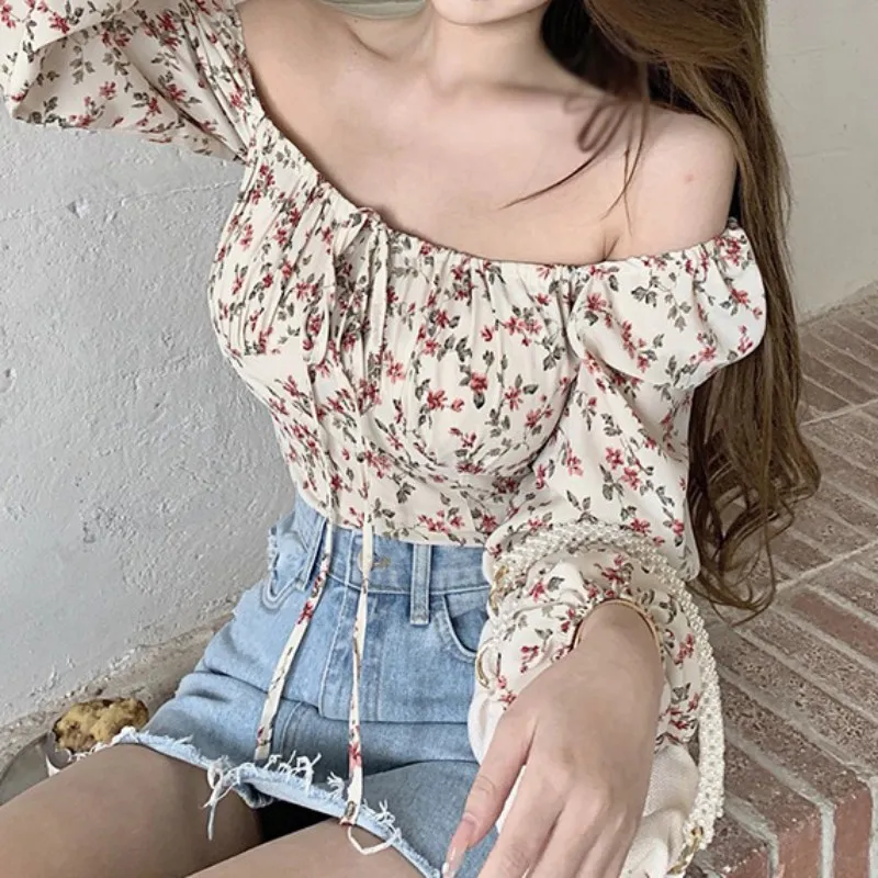 Summer Women Floral Print Square Collar Sexy  Long Sleeves Chiffon Shirt Blouse