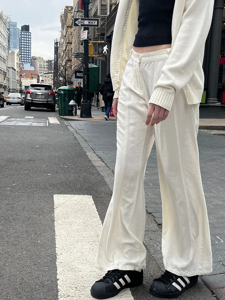 Vintage Beige Casual Flare Pants Women Solid Seams Cotton Linen High Waist Summer Trousers Female Y2k Harajuku Chic Loose Pants