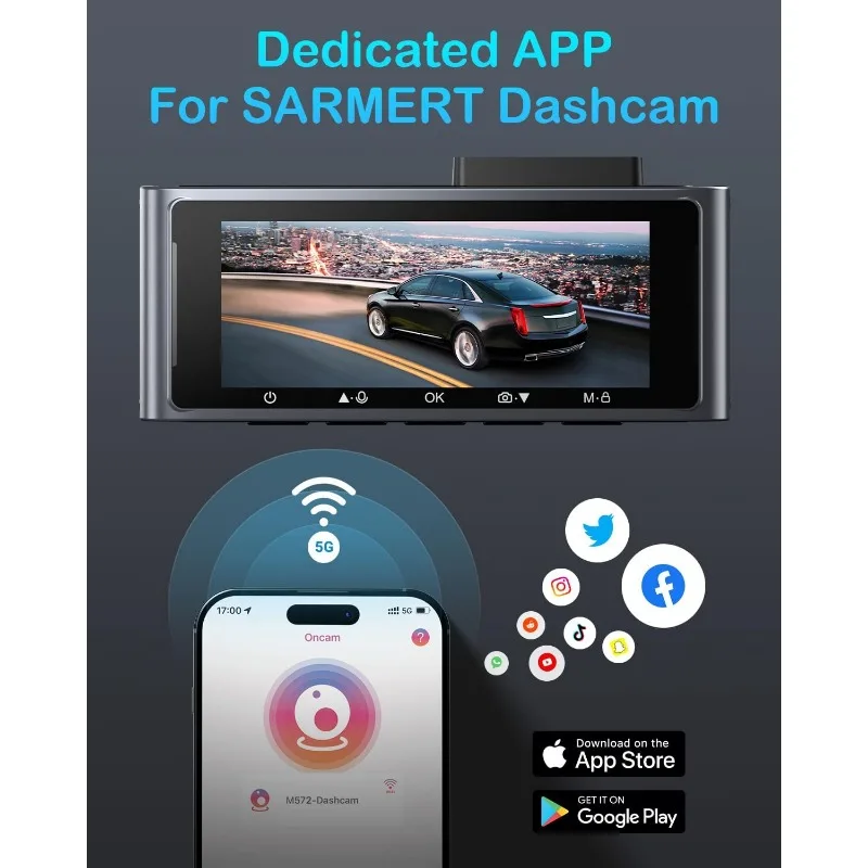 Dash Cam Frontal e Traseiro - Cam com 5G WiFi 2160P Visão Noturna 24H Modo Estacionamento 170 ° Porta USB C de gravação em loop com sensor G largo